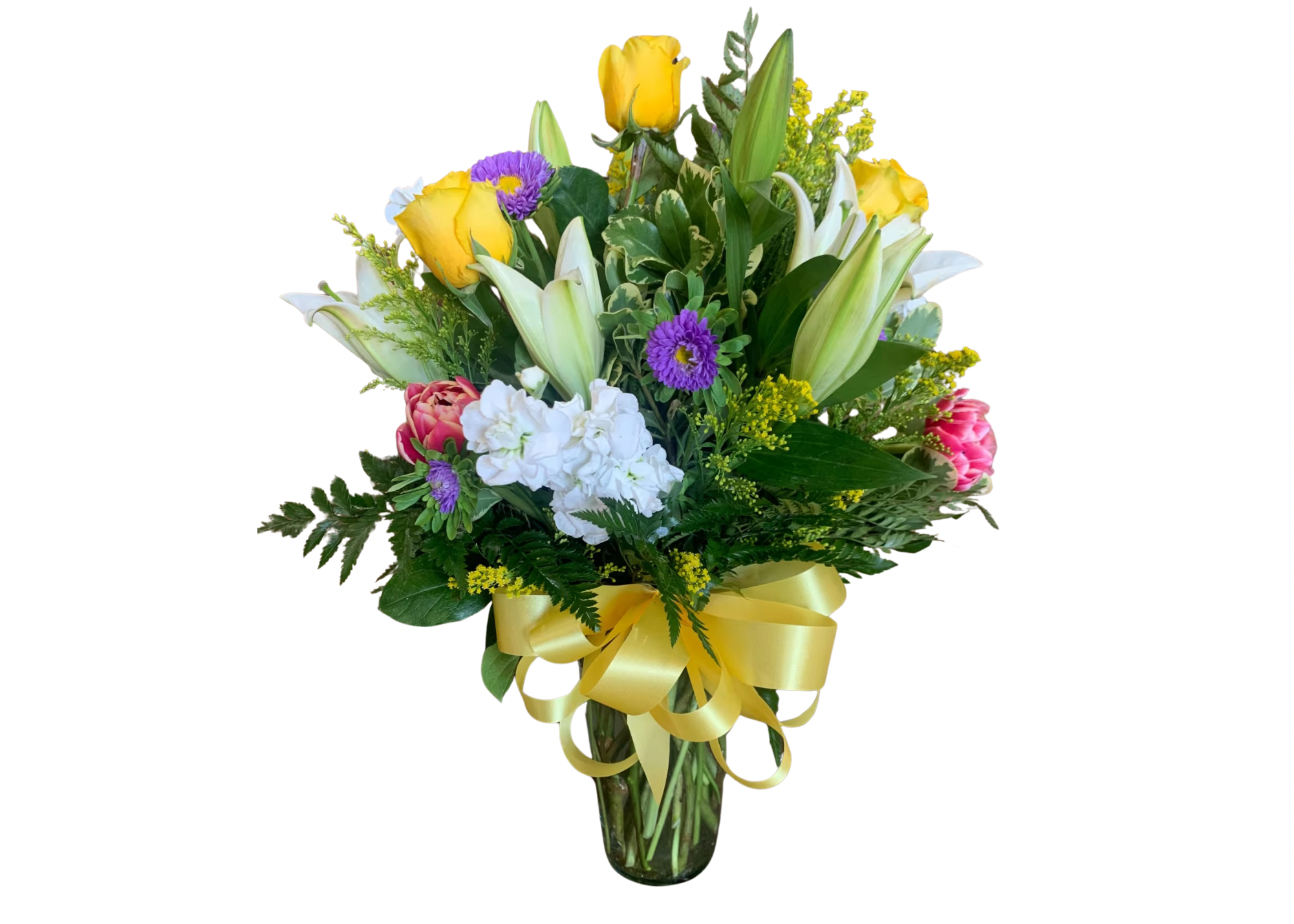 Everlasting Summer  - Lovely and bright arrangement of Roses, Lilies, Stock, Carnations and more!