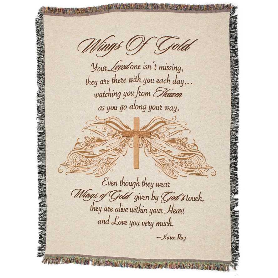 Fringed memorial throw blanket with angel wings and a sympathy poem