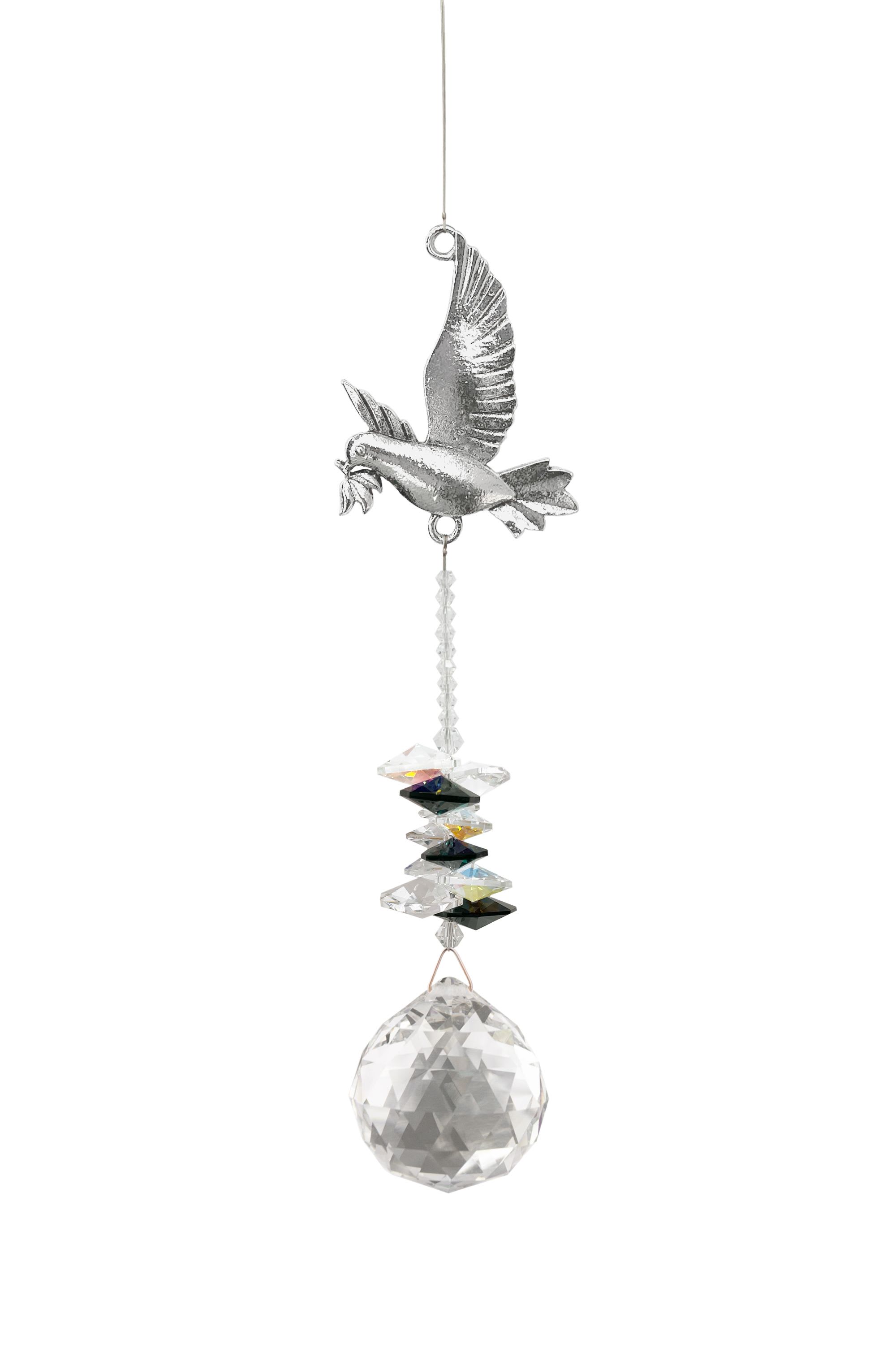 Hanging crystal sun catcher with silver dove and faceted clear prism ball