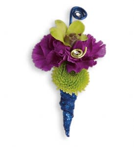 Purple and green boutonniere with a blue wrapped stem