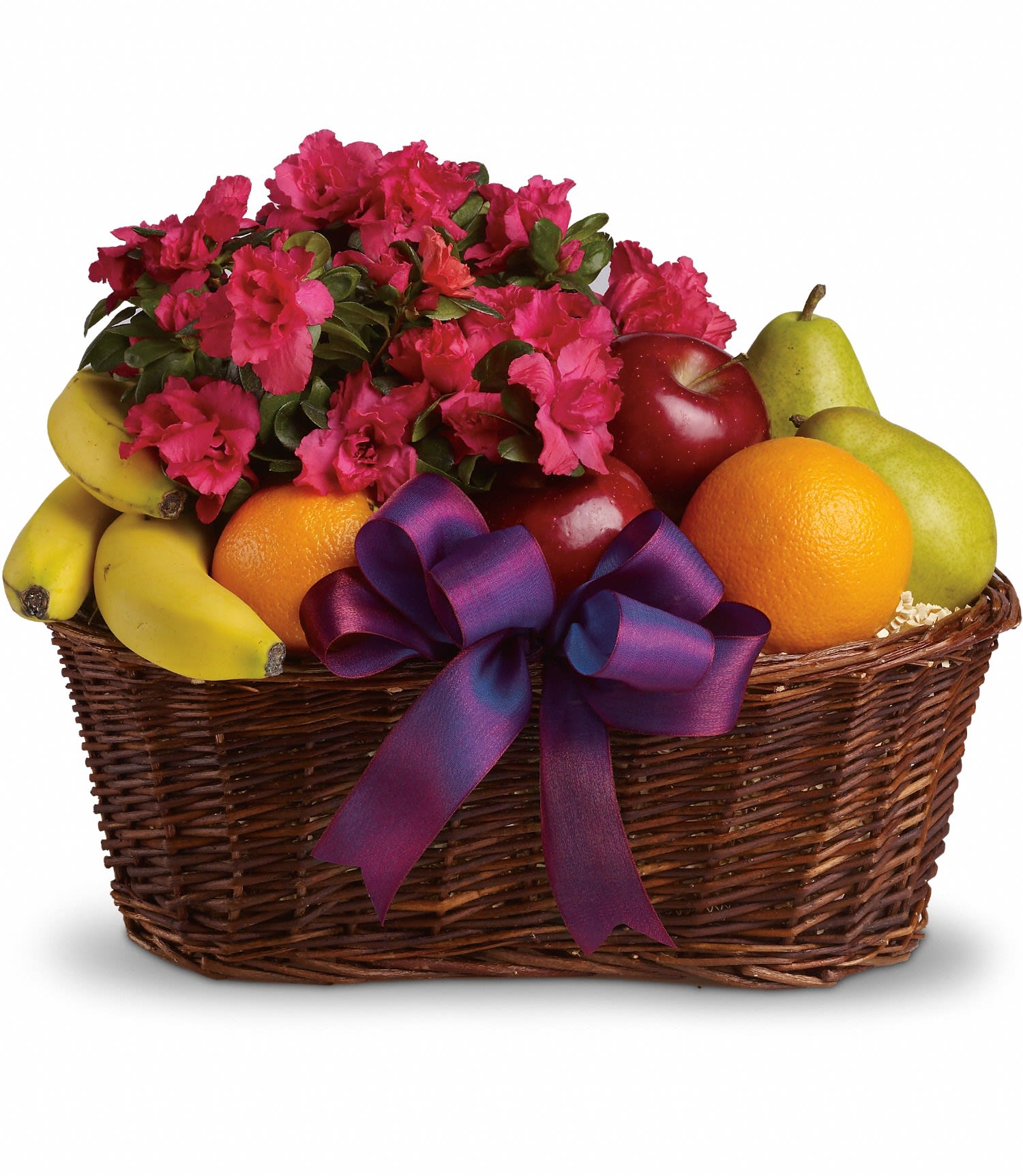 Basket of pink flowers and assorted fruit with a purple ribbon