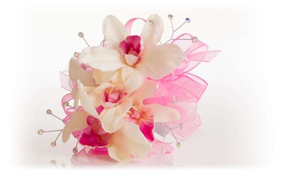 Pink and white orchid corsage with ribbon and crystal accents