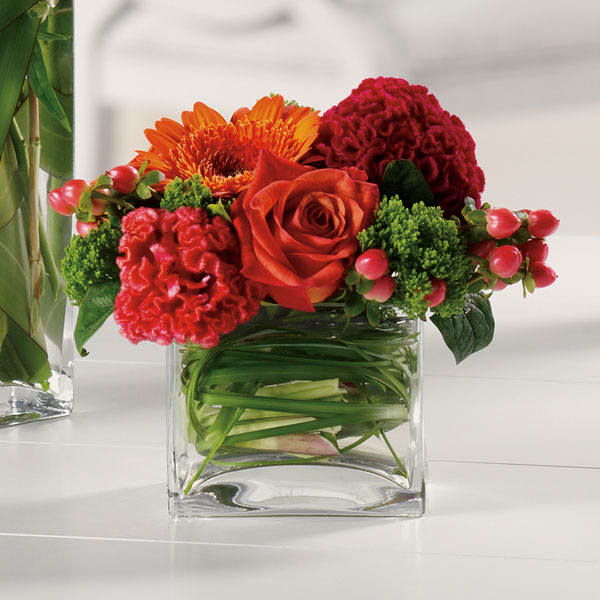Compact red and orange flower arrangement in a clear square vase