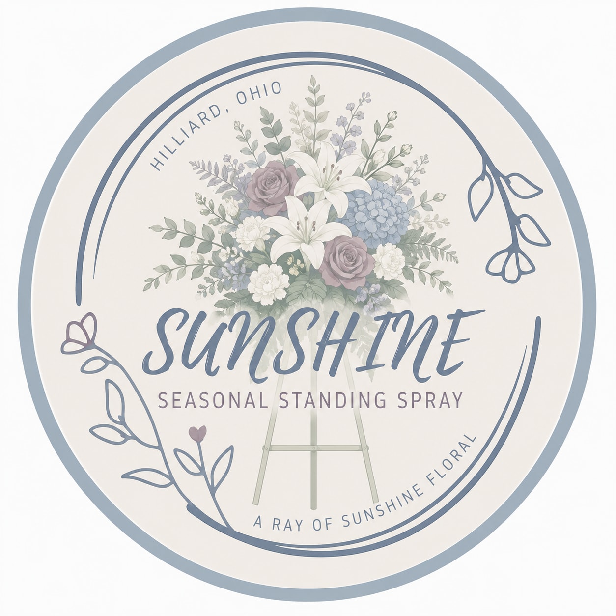 Circular sign with a floral standing spray illustration and the word Sunshine