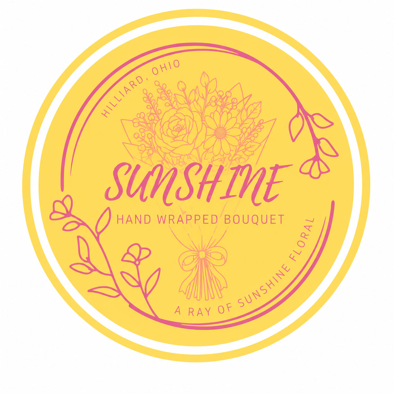 Yellow circular floral logo with pink text reading Sunshine hand wrapped bouquet