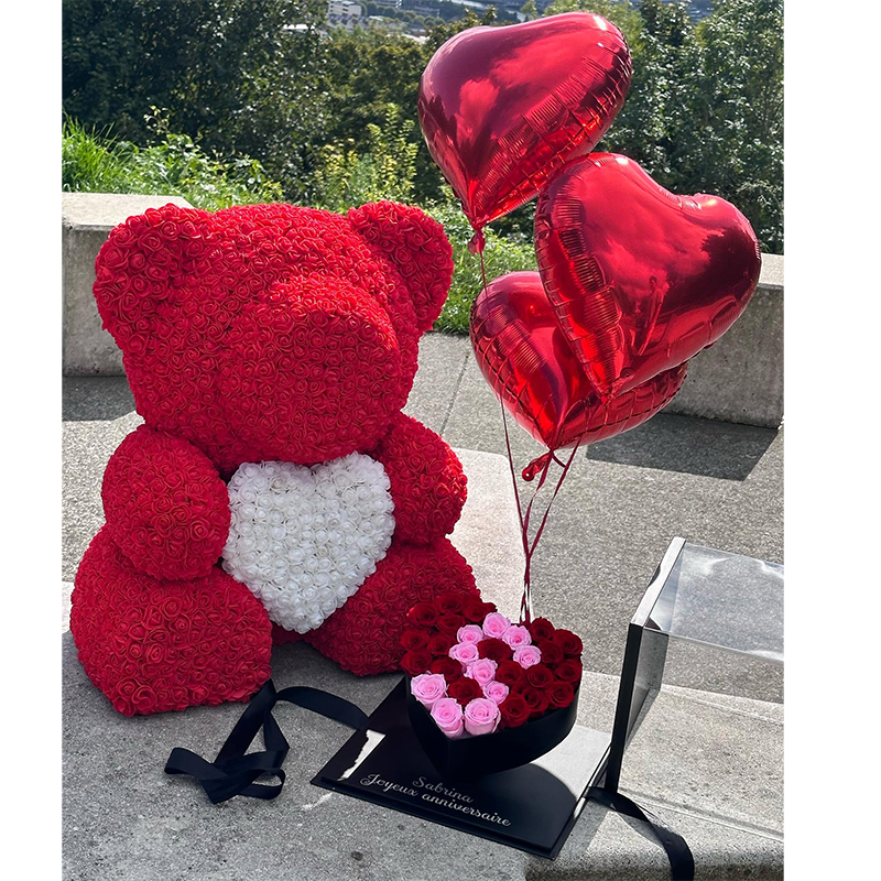 Red rose teddy bear with heart balloons and a small heart-shaped rose box