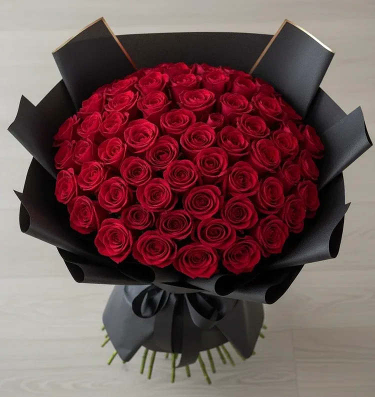 Bouquet of red roses wrapped in black paper