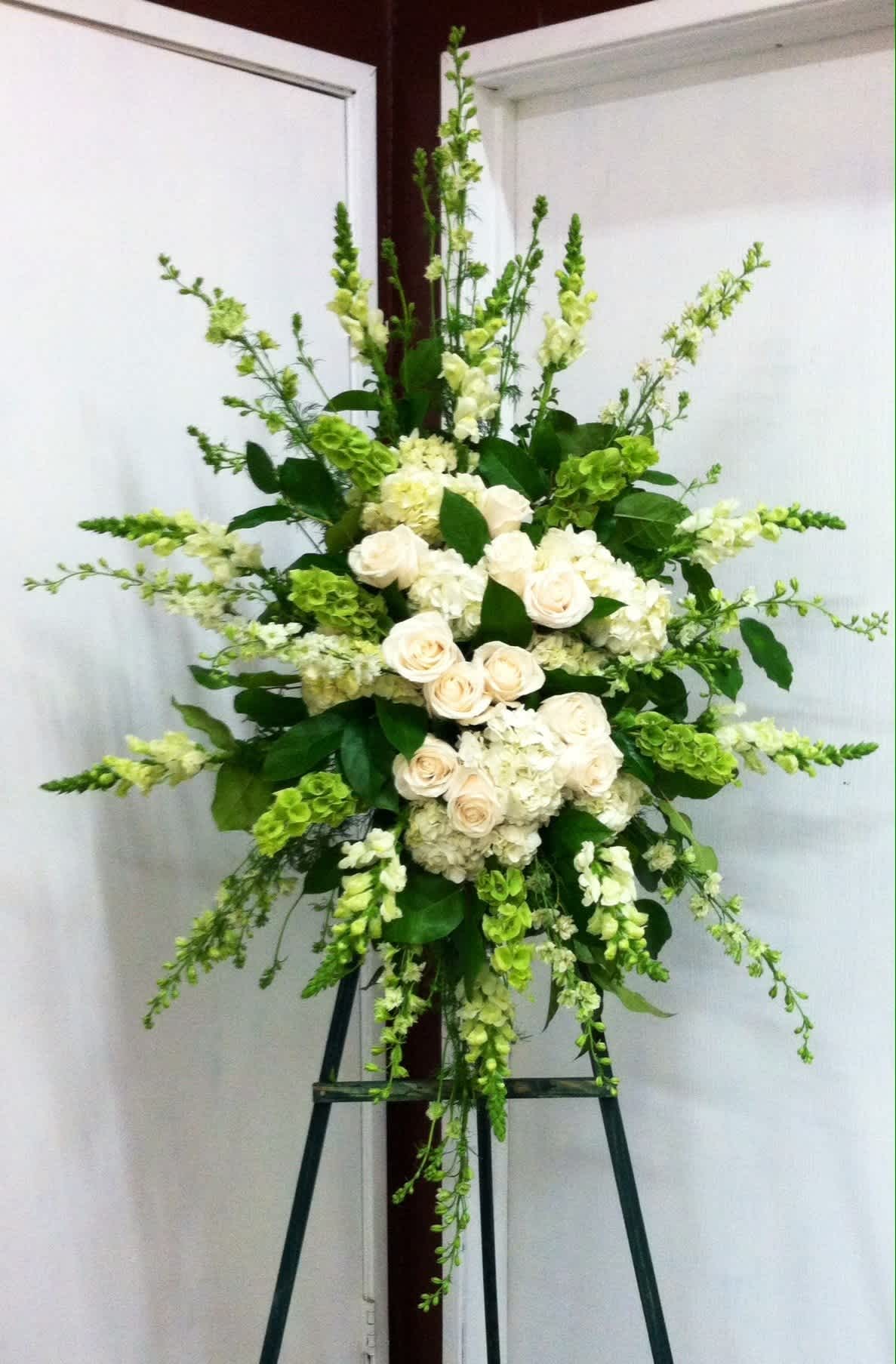 All White Standing Spray - Sympathy arrangement on easel