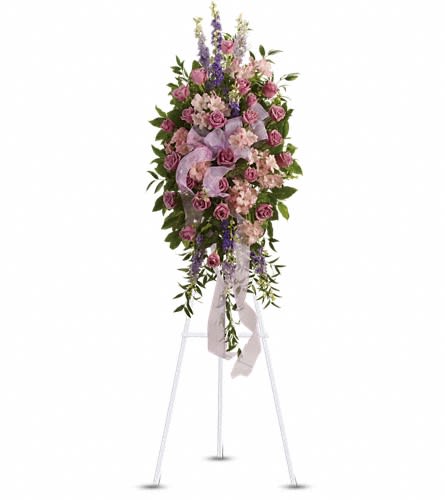 Finest Farewell Standing Spray - Utterly feminine this spray is an extraordinarily beautiful way to bid farewell to someone who will remain forever in your heart. A bevy of lovely lavender flowers will soothe souls and deliver strength and hope to those in mourning. Beautiful flowers such as lavender purple and pink blossoms including roses, larkspur, alstroemeria and more are beautifully arranged. A pretty pink organza ribbon completes this fine farewell.Approximately 22" W x 50" H Orientation: One-Sided As Shown : T248-2A