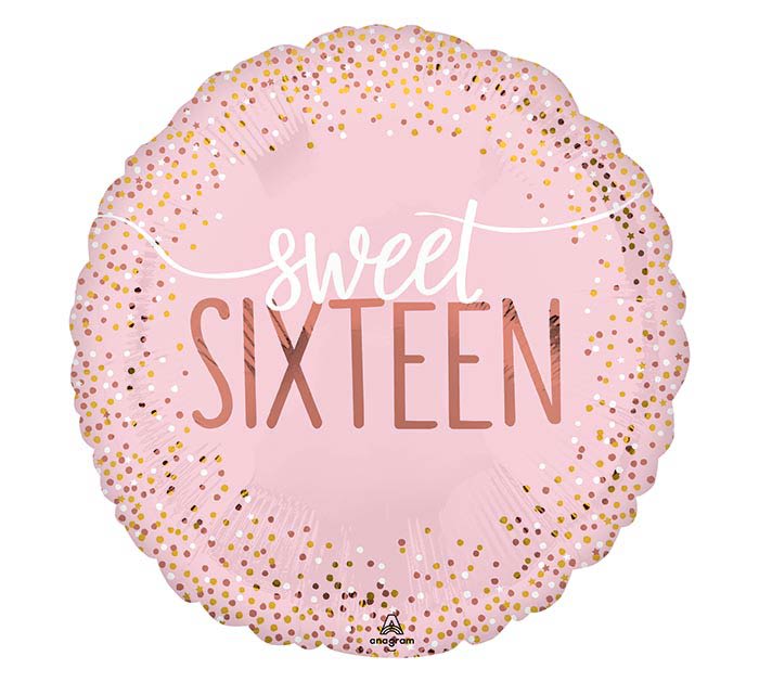 Pink foil balloon with "sweet sixteen" text and confetti dots