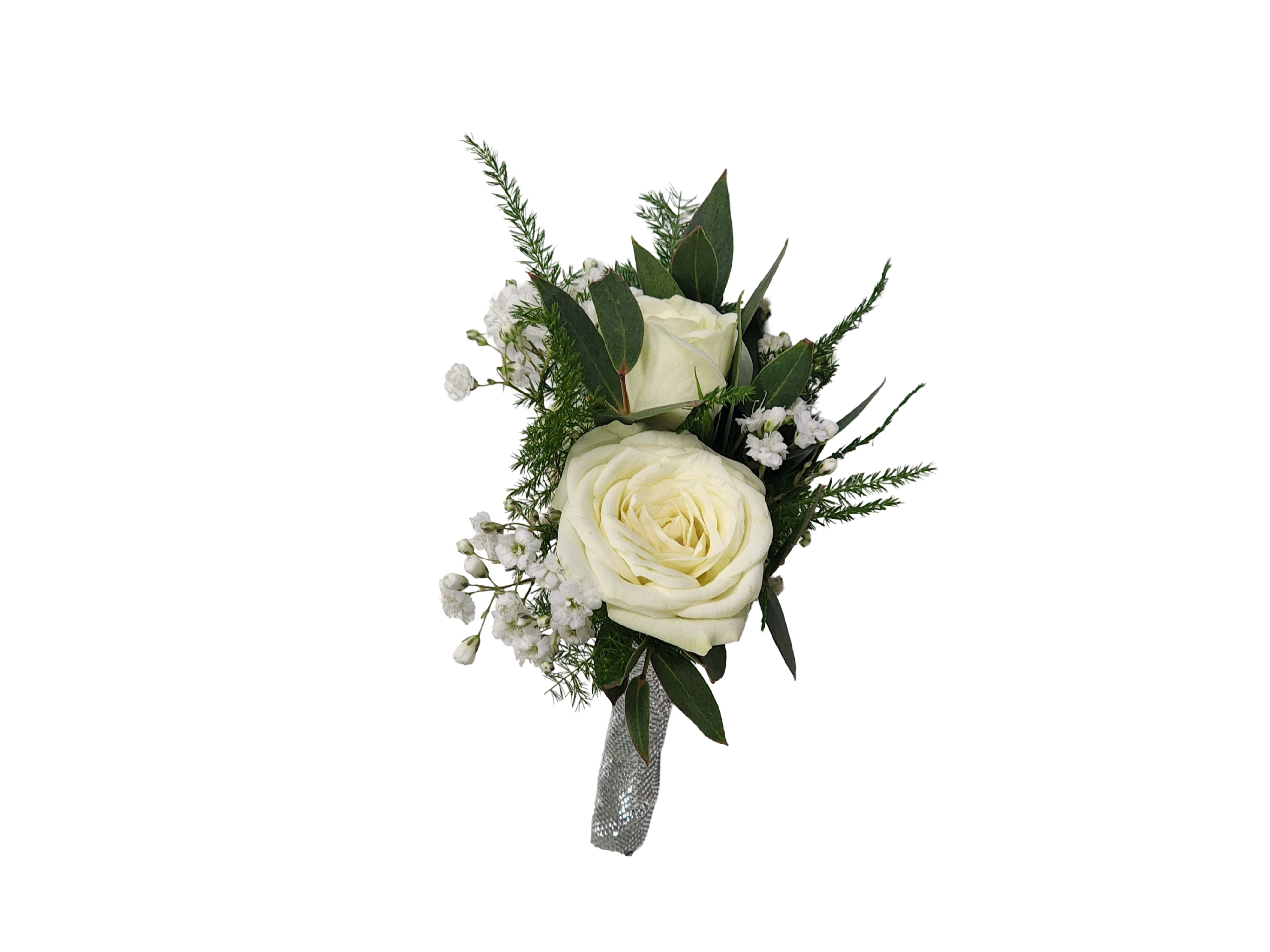  White Spray Rose Boutonniere - Select this boutonniere of 2 white spray roses with babies breath and greenery with a silver stem wrap. Please place in special instructions time of pick up. Greenery may vary.