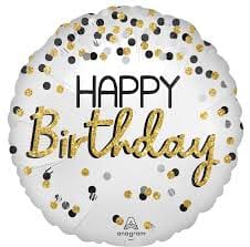 Round white birthday balloon with gold and black confetti text
