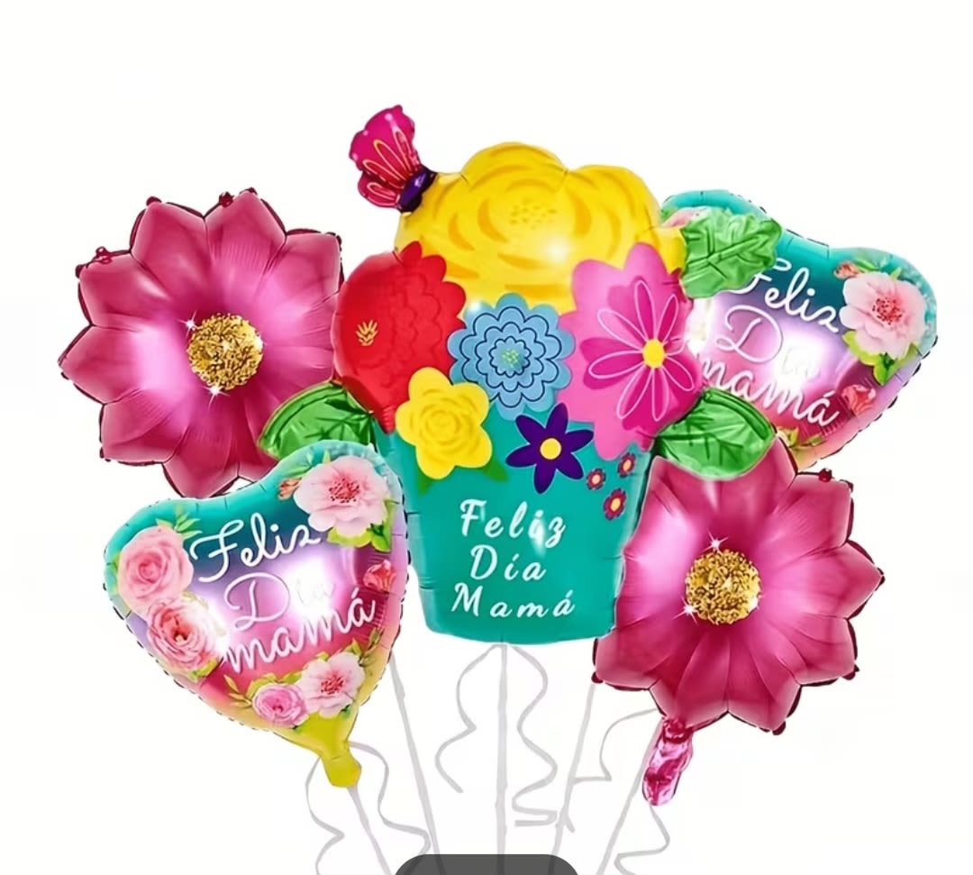 Feliz dia mama flowers Balloon  Bouquet  - Bright oversized flower and heart foil balloons in lively pinks, sunny yellow, sky blue and fresh green make this balloon bouquet a joyful Mother's Day gift that reads "Feliz Día Mamá" in Spanish at a glance. Designed as a festive flower-like arrangement rather than cut blooms, it delivers a playful, celebratory vibe-perfect for honoring a mom who loves color and fun on her special day.  The bouquet is built from printed foil balloons (flower shapes, hearts and message balloons) anchored on balloon sticks to resemble a potted display; no fresh flowers are used. The mix of bold color blocks and cheerful message balloons creates an eye-catching centerpiece that stays bright and upbeat throughout the celebration. Because the pieces are foil, the arrangement holds its shape and color longer than latex balloons and is easy to place on a tabletop or gift table.  Send this to a mother, grandmother, or special caregiver who'll appreciate a festive, long-lasting surprise-ideal for Mother's Day brunches, family gatherings, or a bedside celebration. Choose your delivery date at checkout; minimal handling care is required (keep away from sharp edges and direct heat) so she receives the same lively bouquet you intended.