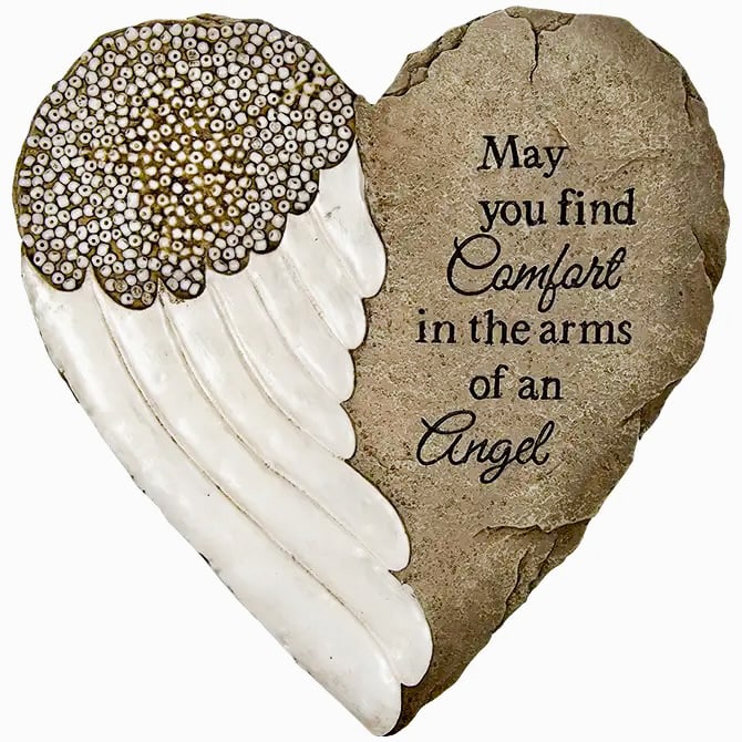 Arms of an Angel Memorial Stone - This Beadworks sympathy garden stone is crafted from durable cast resin designed to emulate the natural look and texture of real sandstone. Each memorial garden stone is hand-painted and accented with decorative beads, creating a unique and meaningful remembrance keepsake.    Featuring a built-in keyhole hanger on the back, this memorial stone can be easily hung on walls or fences, or placed directly on the ground in a garden memorial, cemetery, or outdoor remembrance space. Suitable for both indoor and outdoor use, it offers a lasting tribute to honor and remember a loved one.    A thoughtful sympathy gift, bereavement keepsake, or condolence memorial, this stone pairs beautifully with floral arrangements and outdoor memorial décor.    Product Details:  Brand: Beadworks  Material: Cast resin with sandstone appearance  Finish: Hand-painted with bead accents  Display: Hanging or ground placement  Use: Indoor or outdoor  Dimensions: 9.25” W x 9.25” H