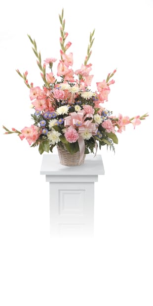 Peach Peace Pedestal Arrangement  - Our Peach Peace Pedestal Arrangement is hand arranged in a basket with soft peach carnations, gladiolus, pompons, and monte casino asters.  Approximately 36"h x 36" w Frequently, flower substitutions may be made. Colors, style, and value will remain close to the same as the general style and theme of the original arrangement. 