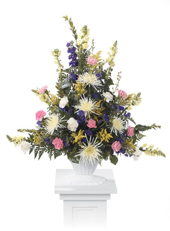 Colorful Comfort Pedestal Arrangement - Our Coloful Comfort Pedestal Arrangement is a bright combination of mums, carnations, snapdragons, and seasonal blooms.  Approximately 36"h x 36"w  Frequently, flower substitutions may be made. Colors, style, and value will remain close to the same as the general style and theme of the original arrangement.   For Delivery to the following: Van Hoe Funeral Home, Esterdahl Mortuary &amp; Crematory, Sullivan Ellis Mortuary, Schroder Mortuary, Wheelan Pressly Funeral Home, Rafferty Funeral Home, Trimble Funeral Home, DeRoo Funeral Home, Orr Mortuary, Knox Chapel, Wendt Funeral Home, McGinnis Chambers Funeral Home, Cunnick Collins Funeral Home, Runge Mortuary, Weert Funeral Home. 