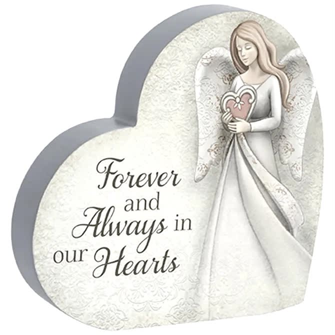 "In Our Hearts" Heart Sitter - Our heart sitters are made of wood composite and are free standing.W: 6"H: 6"D: 1" Heart sitters are the perfect small gift to show someone you're thinking about them and their loved ones When ordered for delivery to a funeral home, this will be delivered so that it can be displayed during the service. If ordered for delivery to a home or residence, this heart sitter will be wrapped in tissue paper and placed in our signature kraft paper bag and adorned with a coordinating ribbon When 