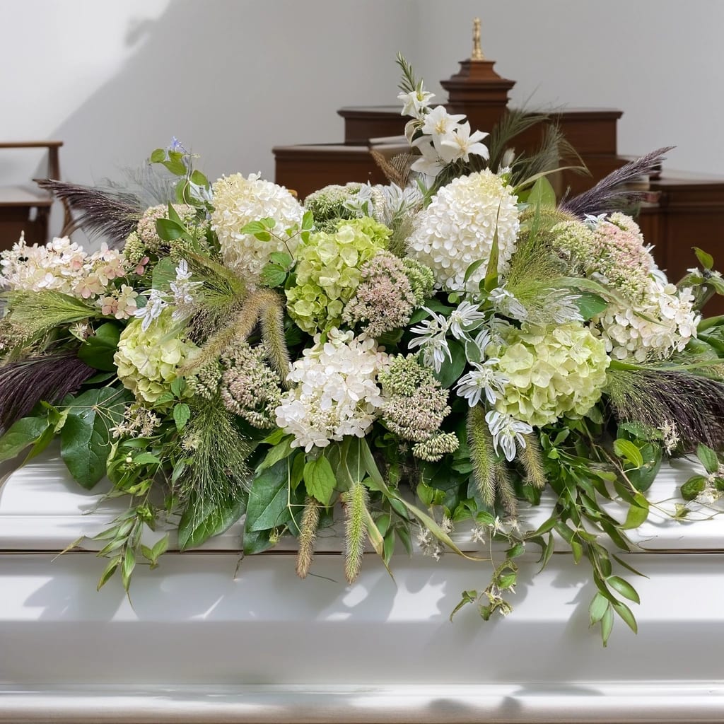 Nature's Serenity Casket Spray - Nature's Serenity Casket Spray Introducing our captivating verdant green and white casket spray, a reflection of the great outdoors and the tranquility it brings. Immerse yourself in the lush greenery and delicate white blooms, evoking a sense of calm and peace amidst the chaos of grief. Each petal whispers of solace, purity, and the eternal beauty of nature's embrace. This exquisite casket spray is a testament to the outdoorsy spirit of your loved one, capturing their love for nature and the peace they found amidst its verdant beauty. With a harmonious blend of fresh ferns, white roses, lilies, and delicate baby's breath, it symbolizes their connection to the earth and the everlasting memories they have left behind. As you behold this floral masterpiece, let the soothing green hues and delicate white blossoms transport you to a place of tranquility and fond memories. Allow the serenity of nature to wrap you in its embrace, offering solace and comfort during this difficult time. Join us as we celebrate a life intertwined with the beauty of the outdoors, honoring the profound impact it had on their journey. Let this verdant casket spray serve as a reminder that even in moments of grief, the healing power of nature can bring solace and peace.   Hignight Florist offers a reliable and convenient local flower delivery service in the Quad Cities. With our years of experience serving the community, we have established ourselves as a trusted florist in the area. Whether you need to send flowers for a special occasion or just want to brighten someone's day, Hignight Florist is committed to providing excellent service and ensuring that your floral gift is delivered with care and precision. We offer a wide selection of fresh and beautiful flowers, allowing you to choose the perfect arrangement for any occasion. With our attention to detail and commitment to customer satisfaction, you can trust Hignight Florist to deliver your flowers on time and in pristine condition. Our local flower delivery service in the Quad Cities is designed to make gifting flowers a seamless and enjoyable experience.