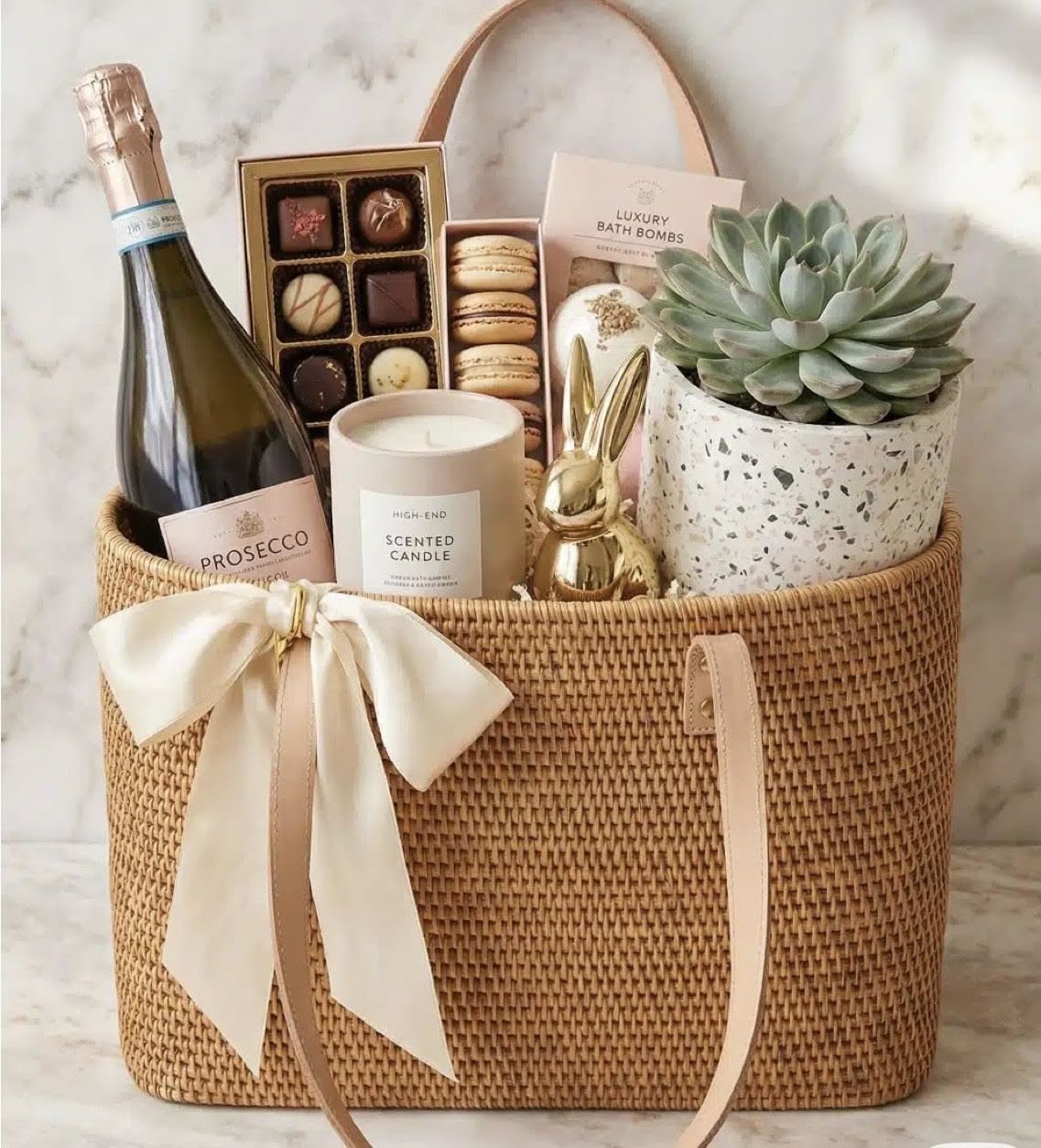 Bubble and chocolates seasonal tote - Soft pastels and sparkling prosecco set the tone for a cheerful gift perfect for birthdays, thank-yous, housewarmings, or any casual celebration. This flower arrangement-style gift comes presented in a woven tote and paired with treats and keepsakes so the person you're thinking of will feel indulged and celebrated the moment it arrives.   The woven basket is filled with pink, white and green accents surrounding a chilled bottle of prosecco, an assorted box of chocolates, a box of macarons, a scented candle, and a package of bath bombs. A ceramic planter with a small succulent, a gold rabbit figurine and a cream ribbon bow add decorative polish and lasting charm. The mix of textures - glossy boxes, soft ribbon, natural wicker and the succulent's matte green - creates a refined, gift-ready presentation.  Ideal for sending to a friend, host, or new neighbor, this mixed-color tote communicates warmth and thoughtfulness without being over-the-top. Orders arrive arranged as shown; to keep the succulent happy, place it in bright, indirect light and water sparingly.
