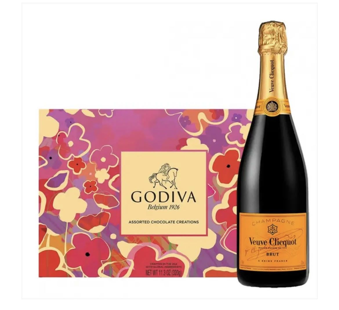 Godiva chocolate box with a Veuve Clicquot champagne bottle