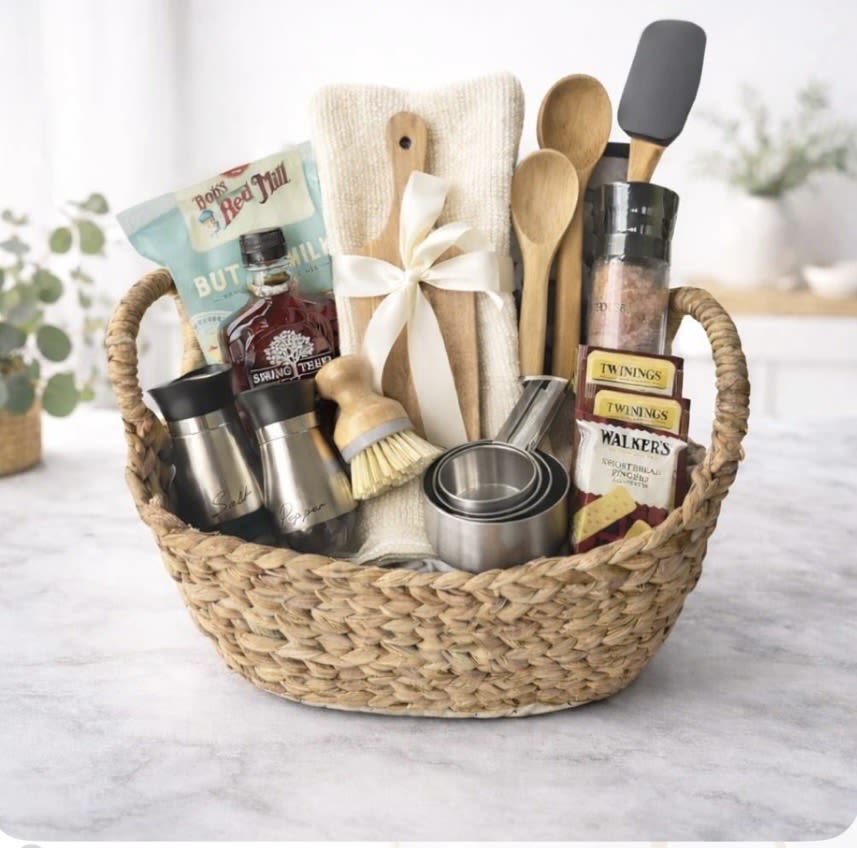 Chefs kiss Basket - A charming kitchen countertop caddy that makes a thoughtful housewarming gift or hostess present, this Chefs kiss Basket pairs everyday usefulness with rustic, decorative appeal. The arrangement reads like a practical centerpiece for a busy cook - perfect for a new home, a thank-you for someone who loves to cook, or as a styled accent for a kitchen refresh.  Nestled in a woven basket, the set includes wooden spoons, wooden spatulas, a whisk, a glass jar, salt and pepper shakers, and a small herb plant that brings a fresh green pop against the warm brown wicker and wood tones. A ceramic utensil holder keeps tools tidy and the compact composition fits neatly on most countertops; the natural textures and neutral palette - brown, green, white, and black - blend easily with farmhouse, rustic, or modern kitchens.  Give this to the person who cooks from the heart and wants their workspace to feel cared for; it's the kind of gift that makes someone feel seen and ready to create. The basket arrives ready to display with sturdy hard goods that are both decorative and usable - no assembly required.