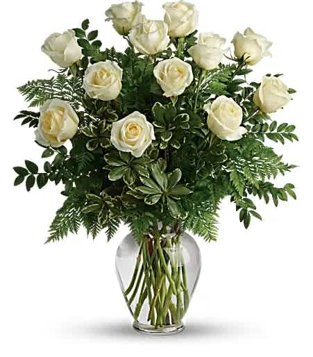 White Roses (BB) - Elevate the art of romance and elegance with our exquisite arrangement of 12 long-stem white roses. Designed to captivate the senses, each rose embodies purity, grace, and timeless beauty. Our expert florists have meticulously arranged these stunning blooms in an 11" glass vase, showcasing their enchanting allure. 