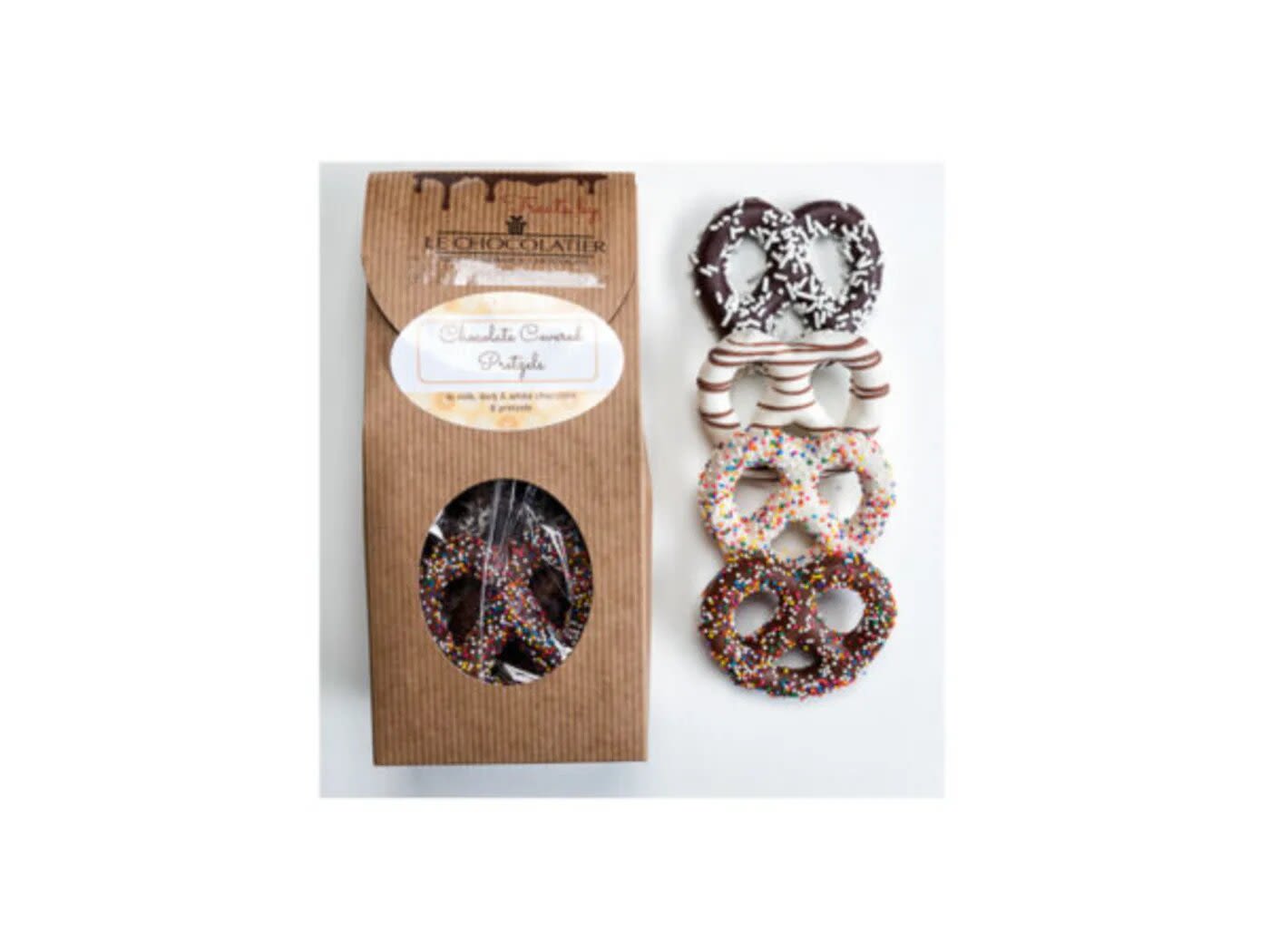 Chocolate Covered Pretzels 8 Pc (BB) - 8 Chocolate covered Pretzels - 3 milk, 3 dark, &amp; 2 white chocolate couvertures. Each is decorated with a different sprinkle. Sweet &amp; salty, fresh, and crunchy.