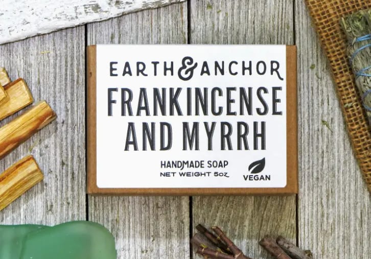Boxed handmade soap labeled frankincense and myrrh