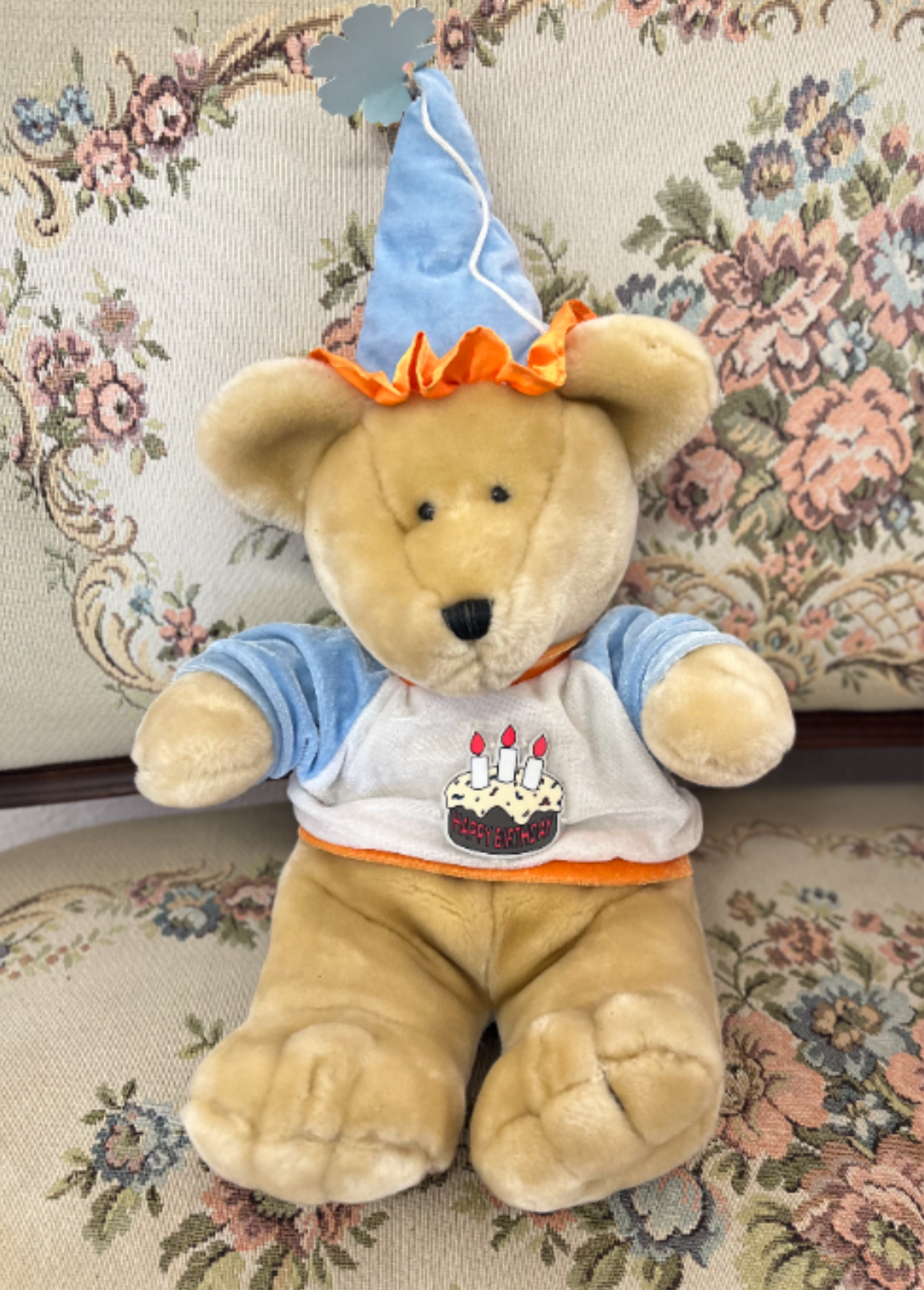 Birthday Bear Plush - Soft beige teddy with blue party hat, birthday shirt with cake graphic - cheerful gift-ready plush.