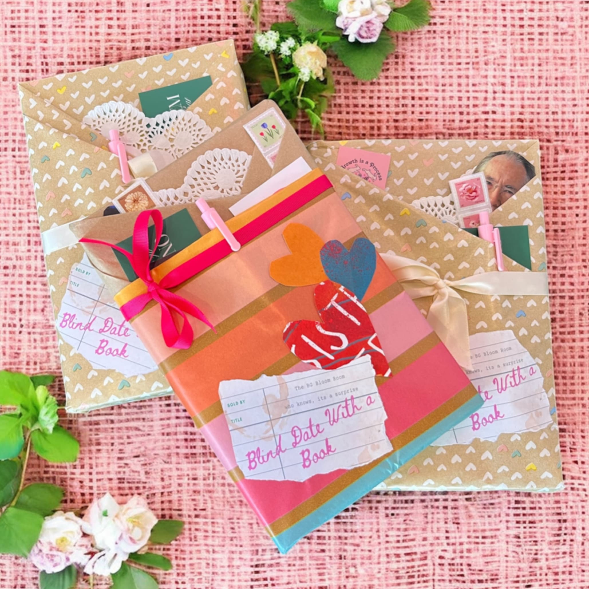 Decorative gift books tied with ribbons on a pink textured surface