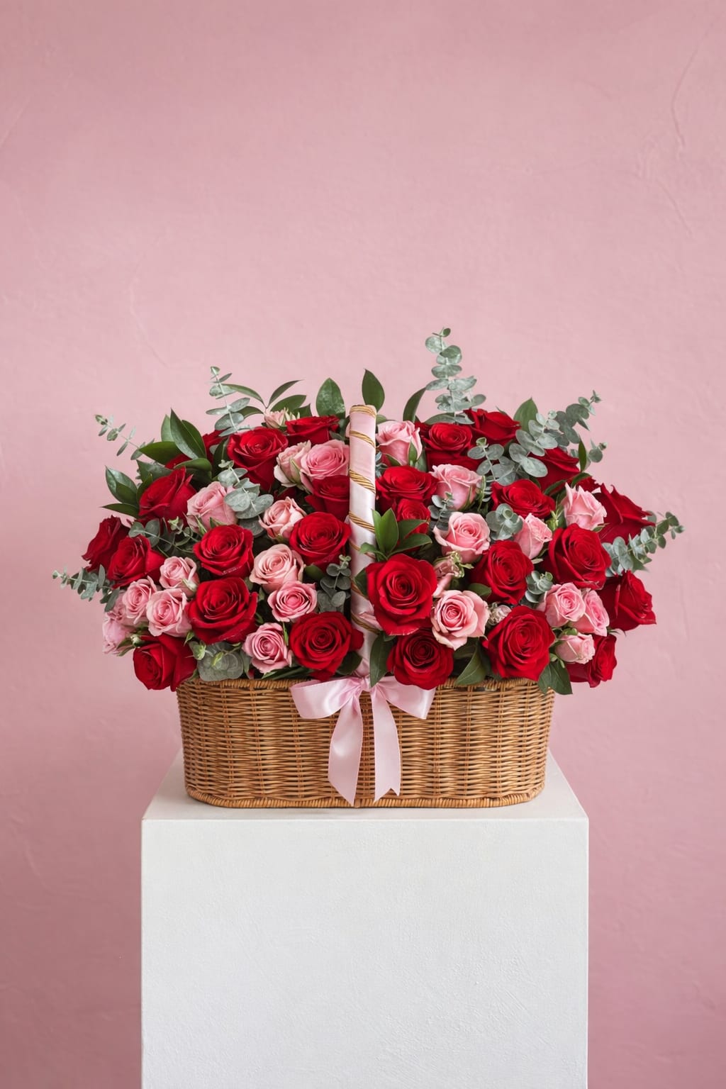 Basket arrangement of red and pink roses with a pink ribbon