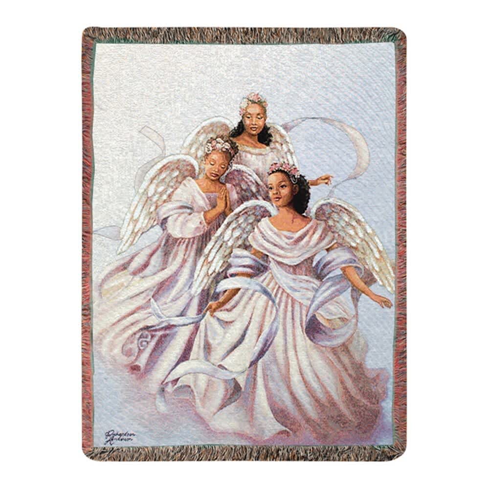 Decorative blanket with three angel figures in pastel dresses