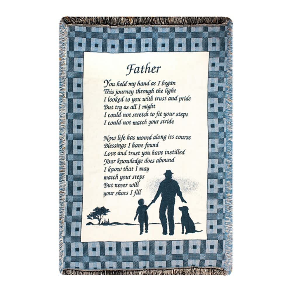 Blue woven blanket with a father poem and silhouette scene