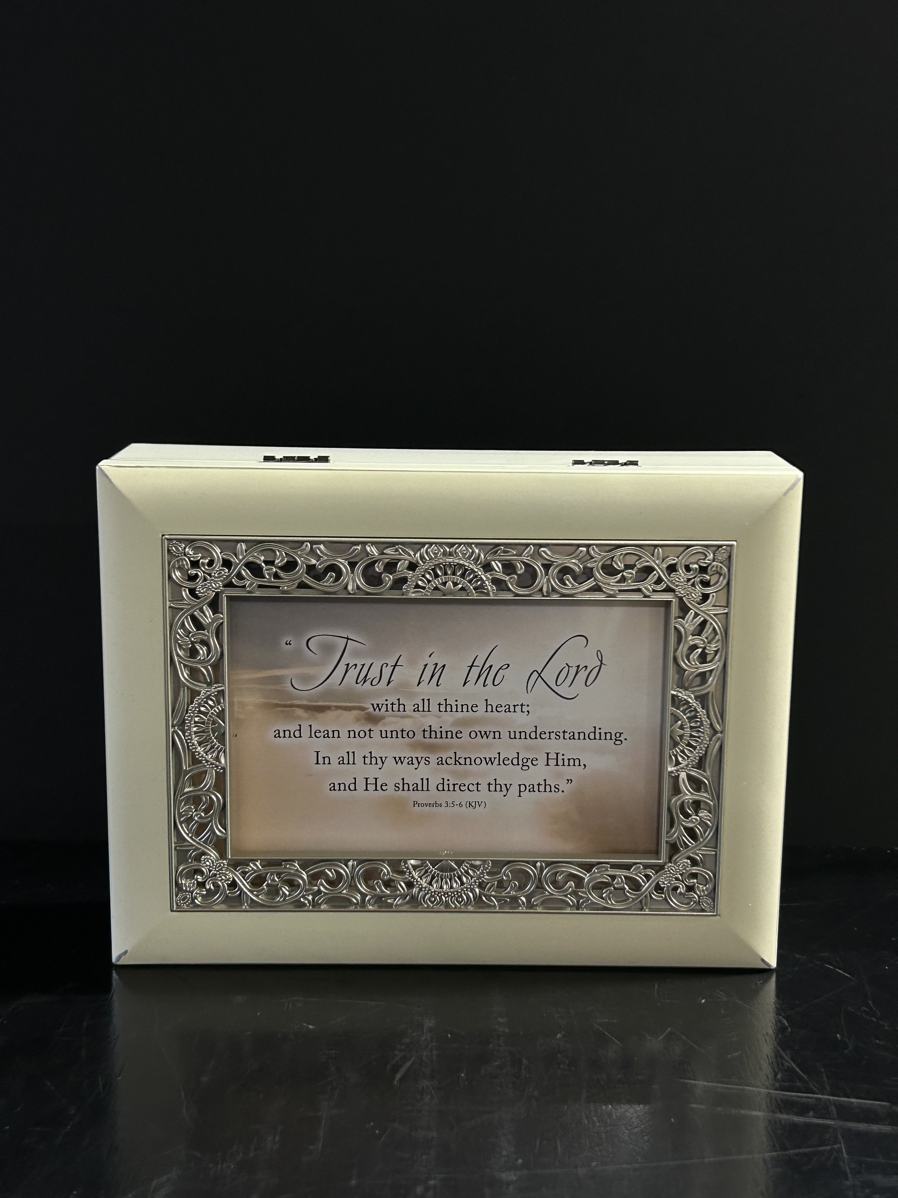 Decorative framed keepsake box with a Bible verse on the front
