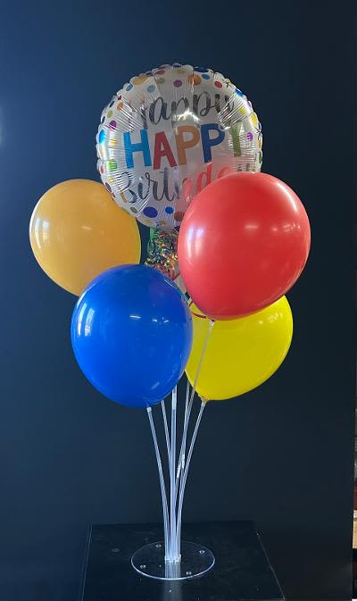 Birthday balloon bouquet with a foil "Happy Birthday" balloon and four latex balloons