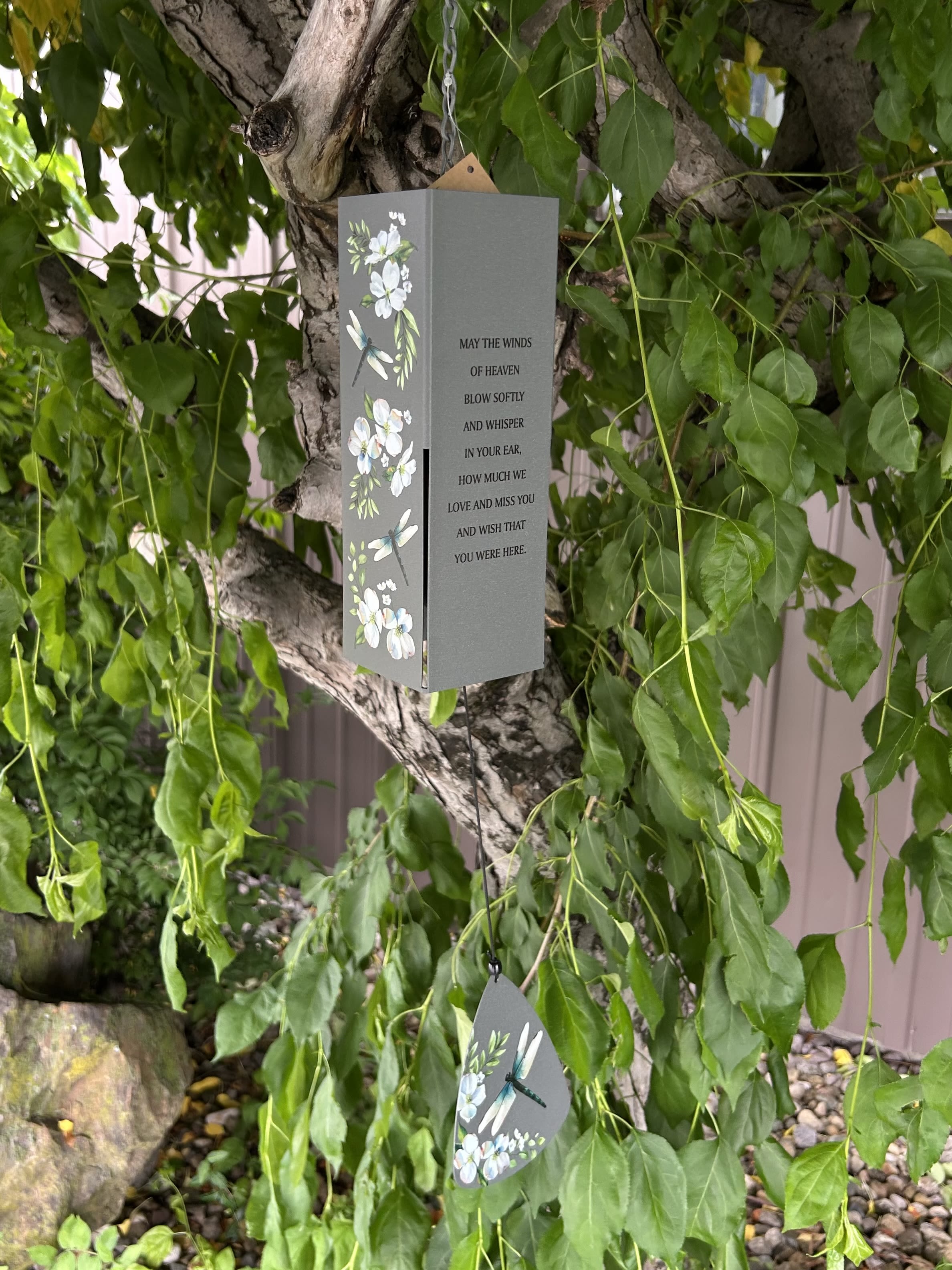 Harmony Bell Windchime - Gray memorial wind chime with two floral-dragonfly panels, bow attached and includes your card message