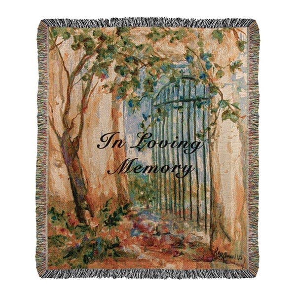 In loving memory gate throw - Your throw will be folded with a bow and your card message. If you would like it to be displayed on an easel, you will need to choose the deluxe version. This heirloom-quality Tapestry Throw will add boutique charm to your home! 