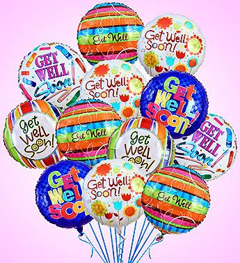 Bouquet of colorful round Get Well Soon foil balloons on curling ribbons