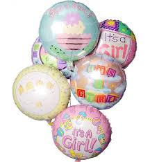 Cluster of round pastel balloons with baby girl and "It’s a Girl" messages