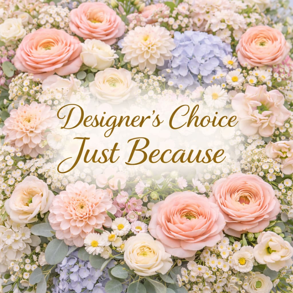 Pastel arrangement of peach and ivory blooms with blue hydrangeas and tiny white daisies, with text in the center.