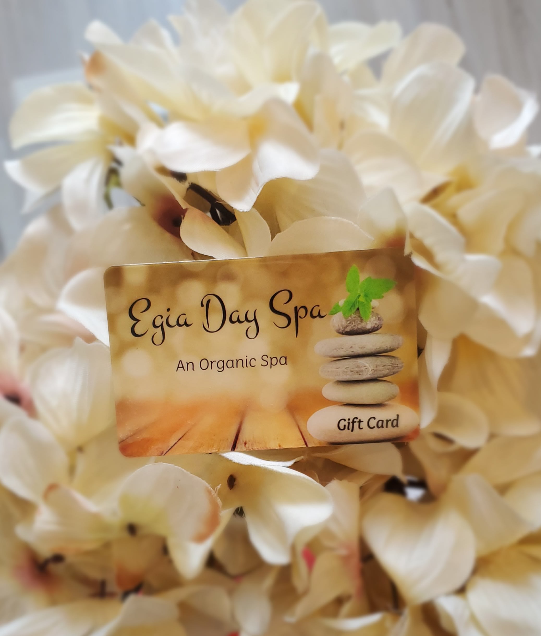 Spa gift card resting on a bed of soft ivory flower petals