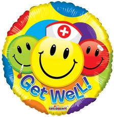 Round get well balloon with smiling faces and colorful background