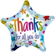 Star-shaped foil balloon with 'Thanks for all you do' text and colorful stars on a light background
