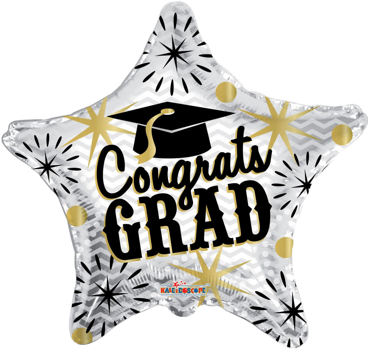 Star-shaped silver balloon with black and gold Congrats Grad text and graduation cap graphic
