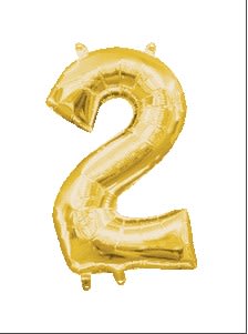 Gold foil balloon shaped like the number two on a white background