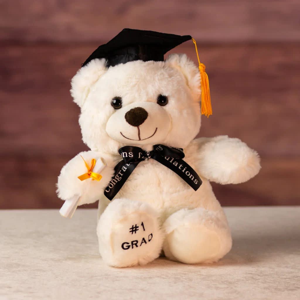 White graduation teddy bear with cap, diploma, and ribbon sitting on a neutral surface