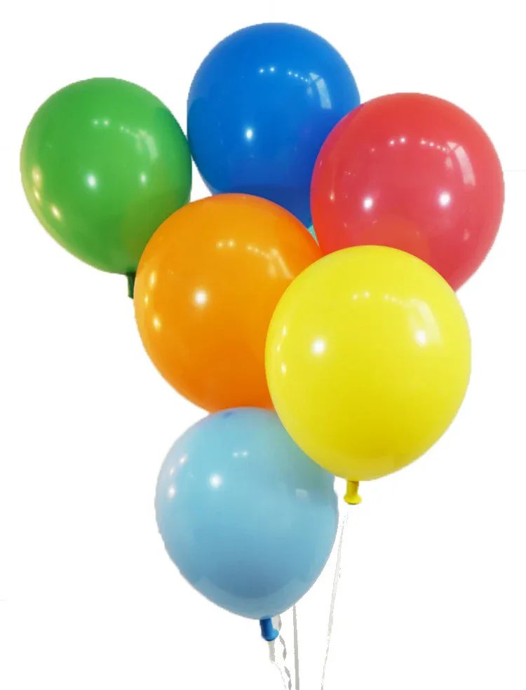 Bunch of six colorful latex balloons in red, blue, yellow, orange, and green on white strings