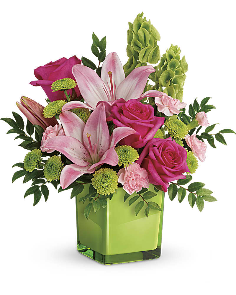  In Love With Lime Bouquet - They'll fall in love with this pretty, playful bouquet! Pink roses and lilies look oh-so-lovely with elegant bells of ireland and presented in our exclusive vibrant green Color Splash cube! It's a fresh mix they'll adore for any occasion. This refreshing arrangement features dark pink roses, pink asiatic lilies, pink miniature carnations, bells of ireland, green button spray chrysanthemums, and huckleberry.