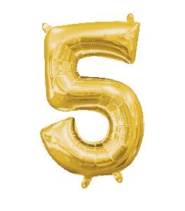 Number 5 Balloon 34" - 34" Golden Number 5 mylar balloon. Filled with helium. Stays afloat up to 7 days.