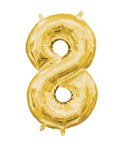 Number 8 Balloon 34" - 34" Golden Number 8 mylar balloon. Filled with helium. Stays afloat up to 7 days.